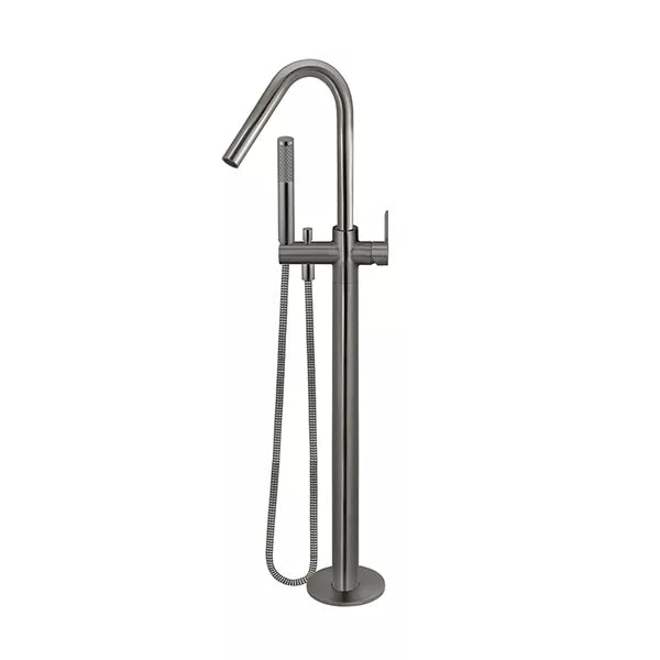 Round - Shadow Gunmetal Freestanding Bath Spout w Paddle Handle Mixer and Handshower
