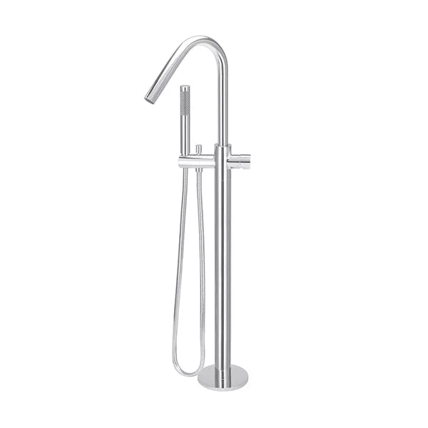 Round - Polished Chrome Freestanding Bath Spout w Pinless Handle Mixer and Handshower
