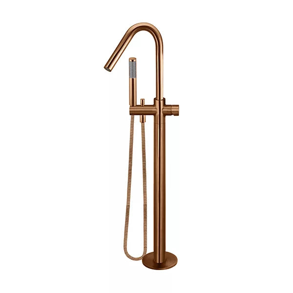 Round - Lustre Bronze Freestanding Bath Spout w Pinless Handle Mixer and Handshower