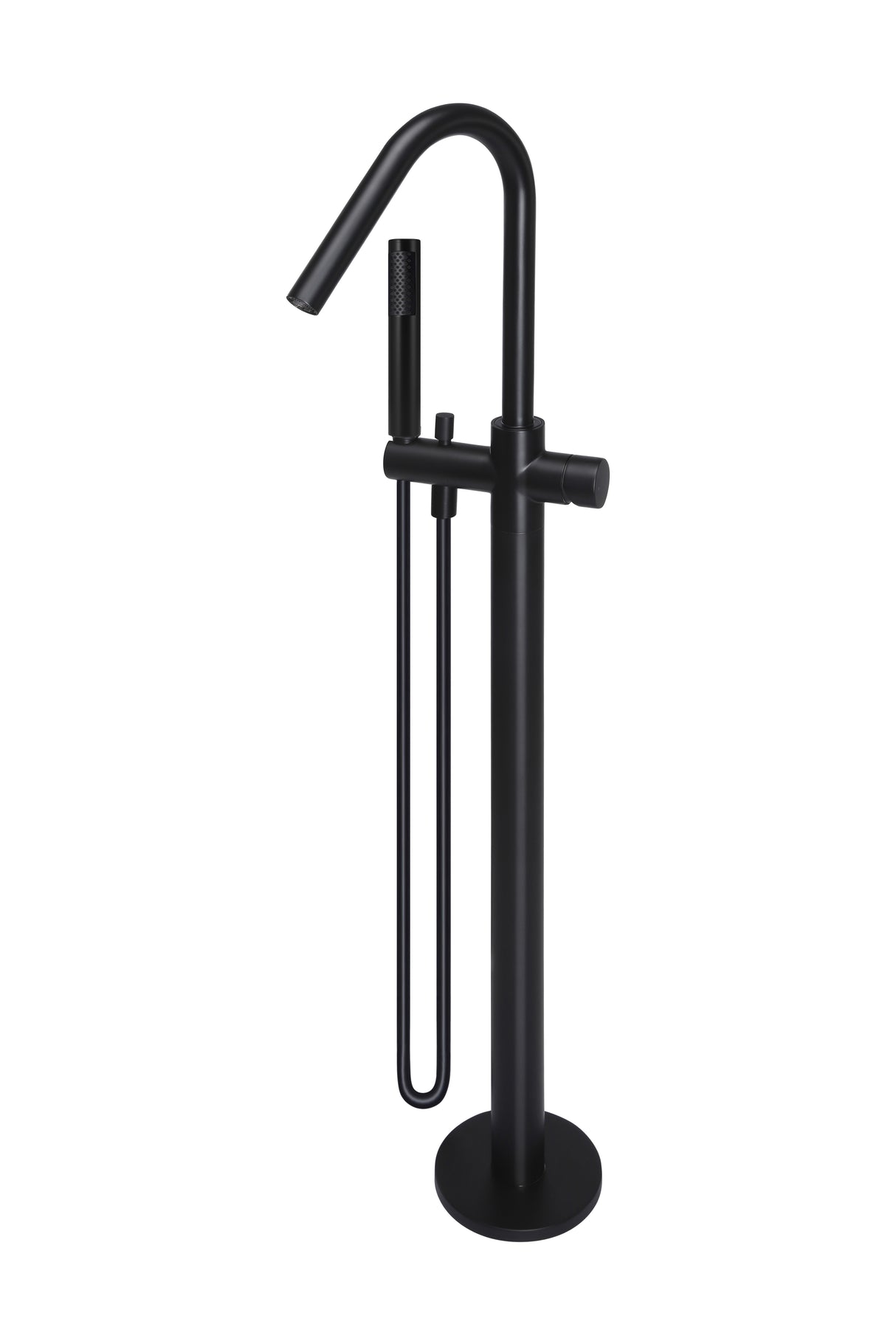 Round - Matte Black Freestanding Bath Spout w Pinless Handle Mixer and Handshower