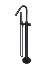 Round - Matte Black Freestanding Bath Spout w Pinless Handle Mixer and Handshower