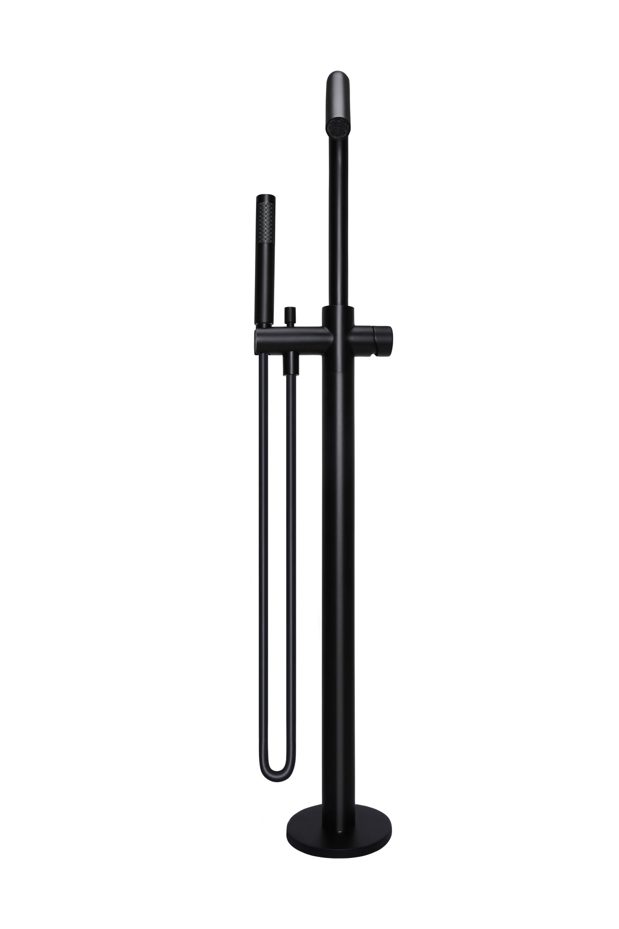 Round - Matte Black Freestanding Bath Spout w Pinless Handle Mixer and Handshower