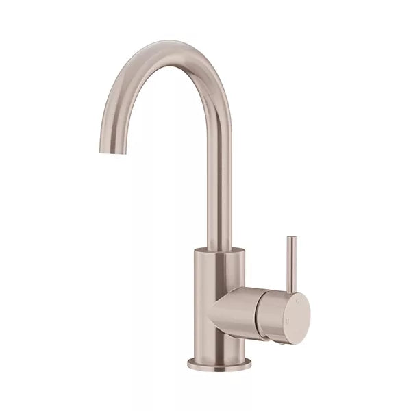 Round - Champagne Gooseneck Basin Mixer with Cold Start