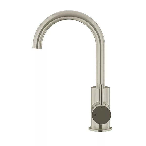 Round - Brushed Nickel Gooseneck Basin Mixer with Cold Start