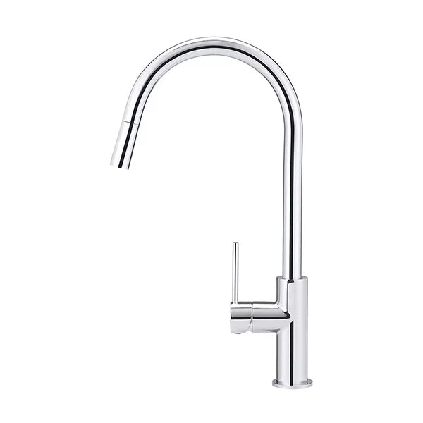 Round - Polished Chrome Gooseneck Kitchen Mixer w Pull-out Hose & Vege Spray