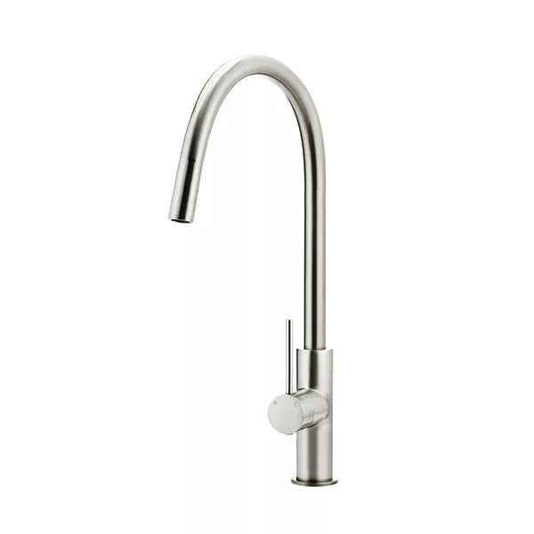 Round - Brushed Nickel Gooseneck Kitchen Mixer w Pull-out Hose & Vege Spray