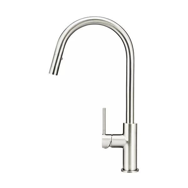 Round - Brushed Nickel Gooseneck Kitchen Mixer w Pull-out Hose & Vege Spray