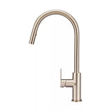 Round - Champagne Gooseneck Kitchen Mixer w Paddle Handle & Pull-out Hose