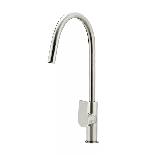 Round - Brushed Nickel Gooseneck Kitchen Mixer w Paddle Handle & Pull-out Hose