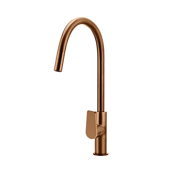 Round - Lustre Bronze Gooseneck Kitchen Mixer w Paddle Handle & Pull-out Hose