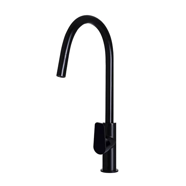 Round - Matte Black Gooseneck Kitchen Mixer w Paddle Handle & Pull-out Hose