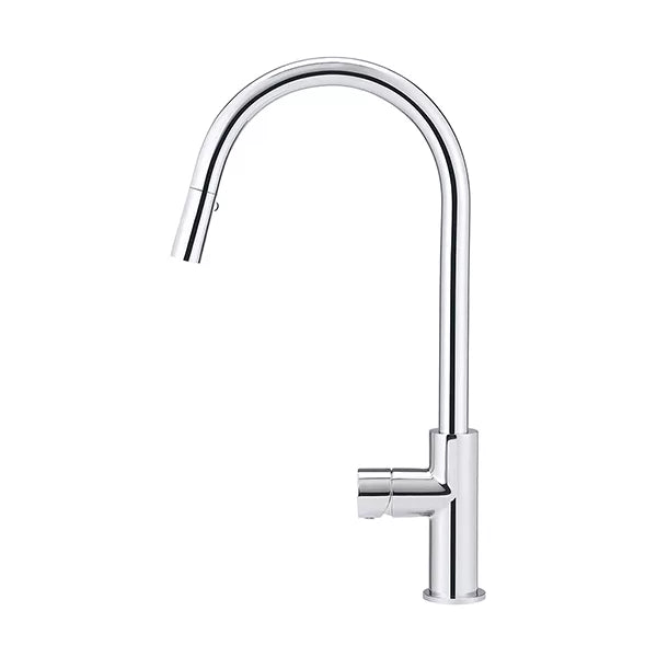 Round - Polished Chrome Gooseneck Kitchen Mixer w Pinless Handle & Pull-out Hose