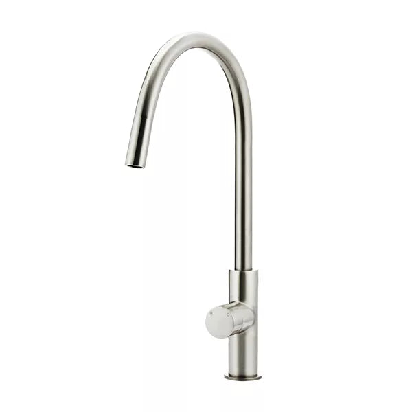 Round - Brushed Nickel Gooseneck Kitchen Mixer w Pinless Handle & Pull-out Hose