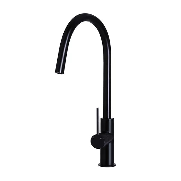 Round - Matte Black Gooseneck Kitchen Mixer w Pull-out Hose & Vege Spray
