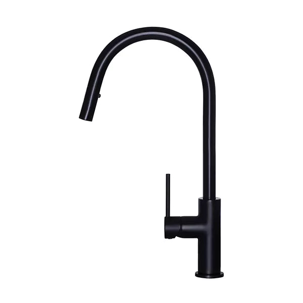 Round - Matte Black Gooseneck Kitchen Mixer w Pull-out Hose & Vege Spray