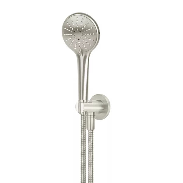 Round - Brushed Nickel Three Function Hand Shower on Fixed Bracket