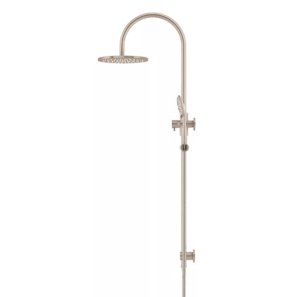 Round - Champagne Gooseneck Combination Shower Rail w 200mm Rose & Three-Function Hand Shower