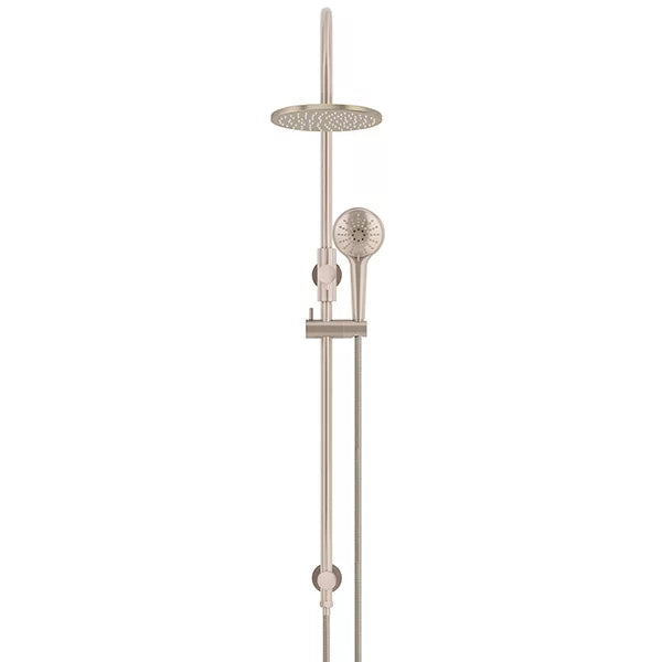 Round - Champagne Gooseneck Combination Shower Rail w 200mm Rose & Three-Function Hand Shower