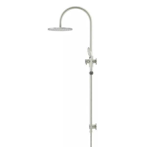 Round - Brushed Nickel Gooseneck Combination Shower Rail w 200mm Rose & Three-Function Hand Shower