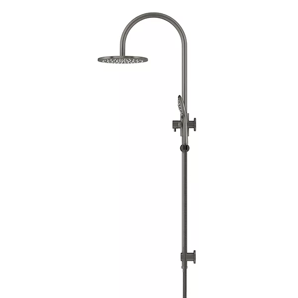 Round - Shadow Gunmetal Gooseneck Combination Shower Rail w 200mm Rose & Three-Function Hand Shower