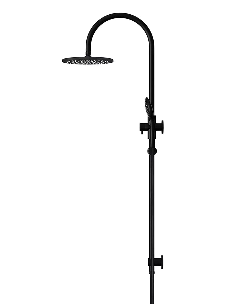 Round - Matte Black Gooseneck Combination Shower Rail w 200mm Rose & Three-Function Hand Shower