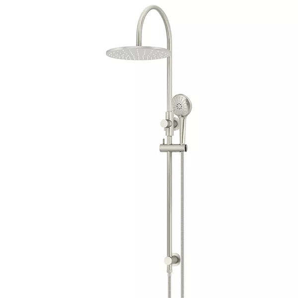 Round - Brushed Nickel Gooseneck Combination Shower Rail w 300mm Rose & Three-Function Hand Shower