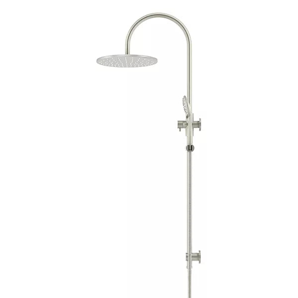 Round - Brushed Nickel Gooseneck Combination Shower Rail w 300mm Rose & Three-Function Hand Shower