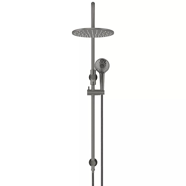 Round - Shadow Gunmetal Gooseneck Combination Shower Rail w 300mm Rose & Three-Function Hand Shower