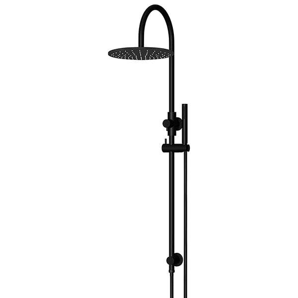 Round - Matte Black Gooseneck Combination Shower Rail w 300mm Rose & Single Function Hand Shower