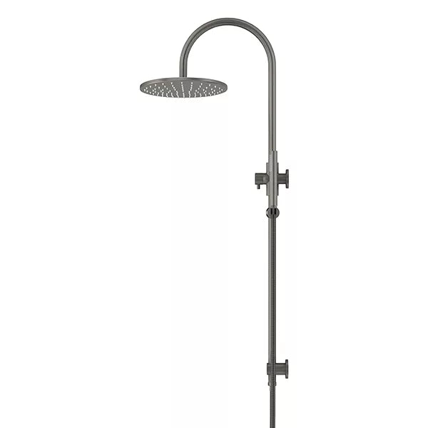 Round - Shadow Gunmetal Gooseneck Combination Shower Rail w 300mm Rose & Single Function Hand Shower