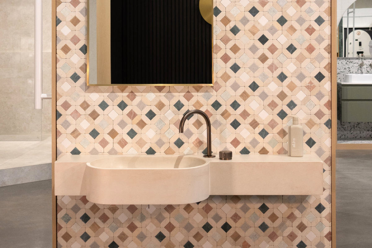 Beautiful bathroom display with feature wall tiles at Eos Bathware Mornington