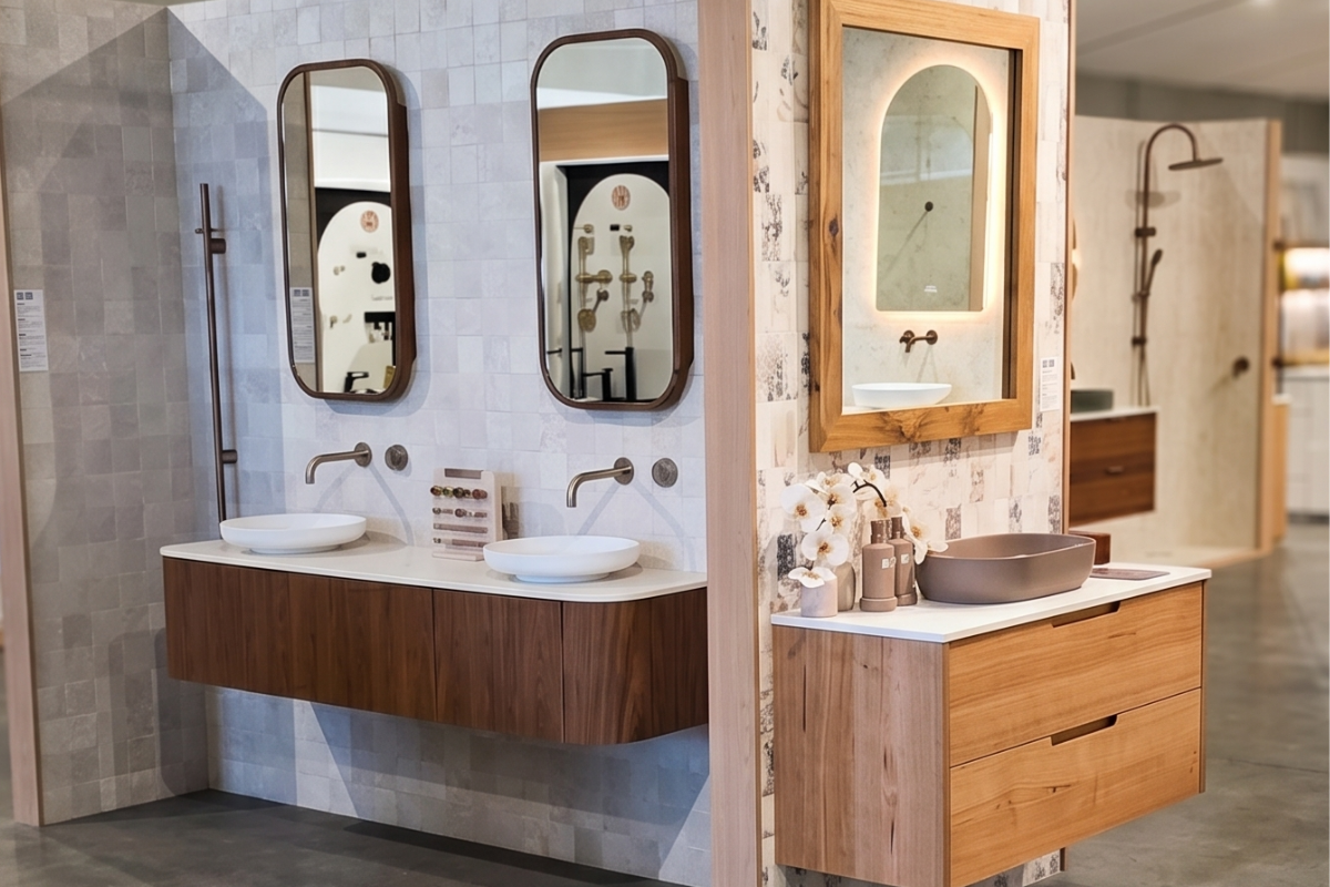Mornington Bathroom Showroom Timber Vanities with matching shaving cabinet and mirror