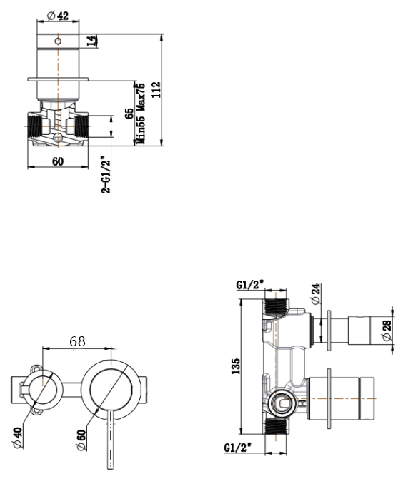 Mica - Shower Mixer Diverter - Sideways - TRIM KIT ONLY