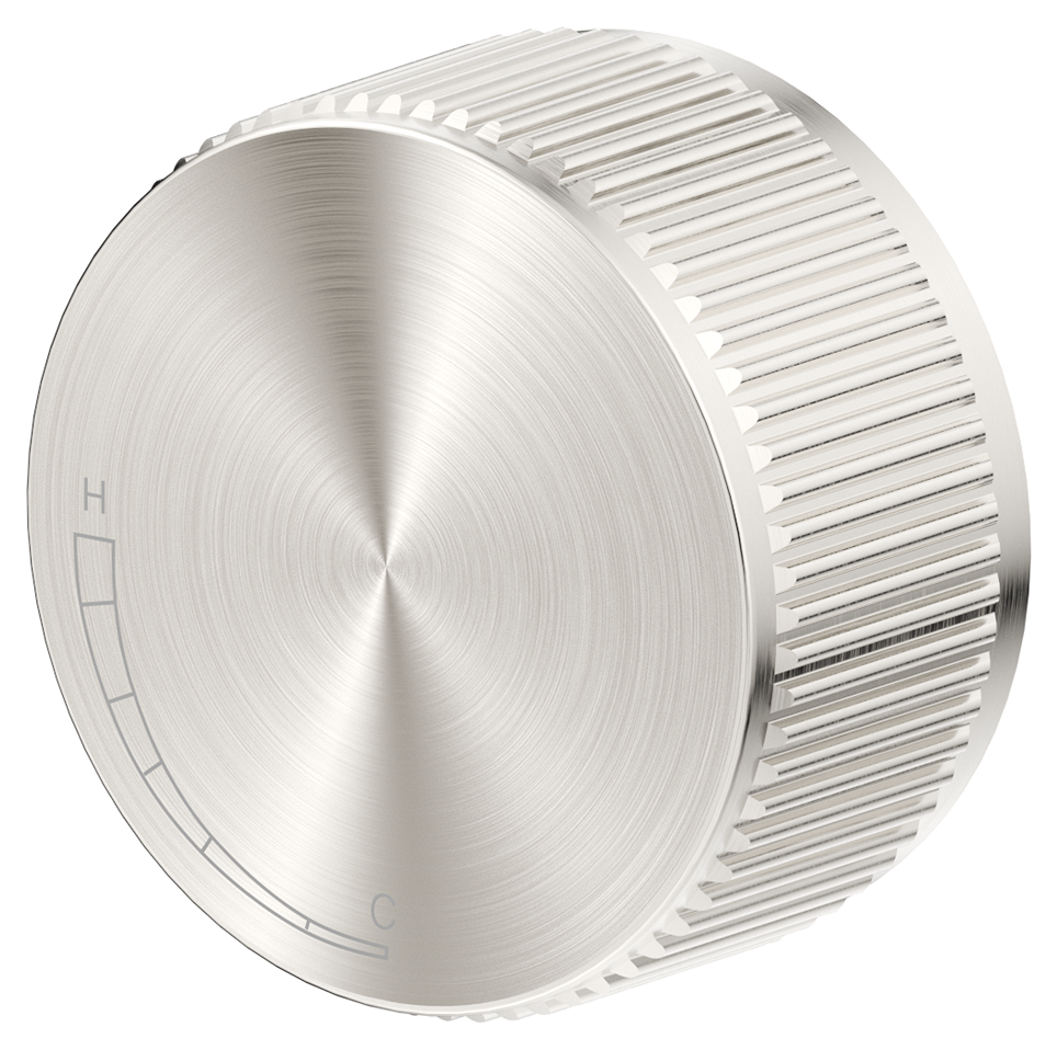 Mica Fluted progressive shower mixer with a round fluted control in brushed nickel on a white background.
