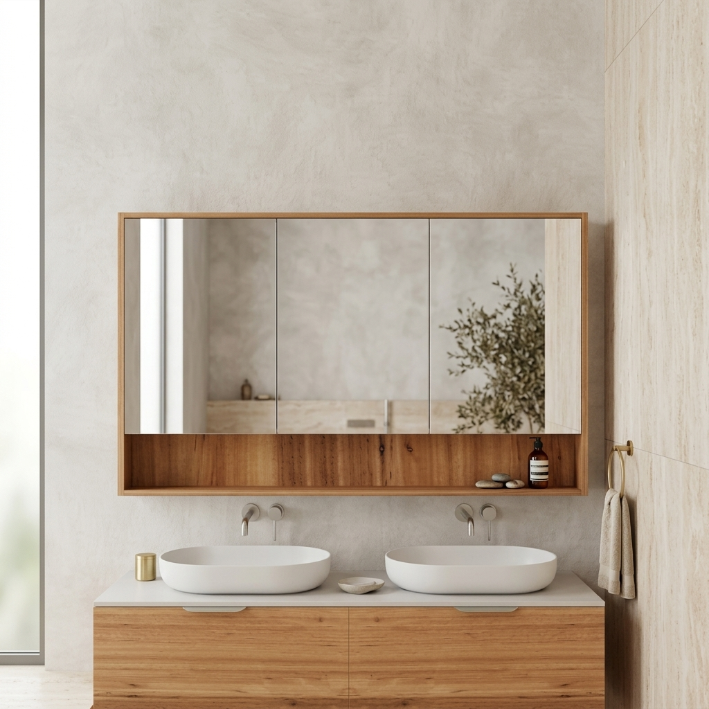 A modern double-sink bathroom vanity with a light wood cabinet, white vessel sinks, and a large three-panel mirror mounted on a textured beige wall.