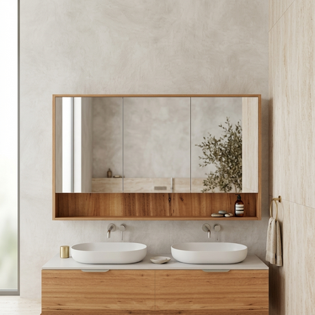 A modern double-sink bathroom vanity with a light wood cabinet, white vessel sinks, and a large three-panel mirror mounted on a textured beige wall.