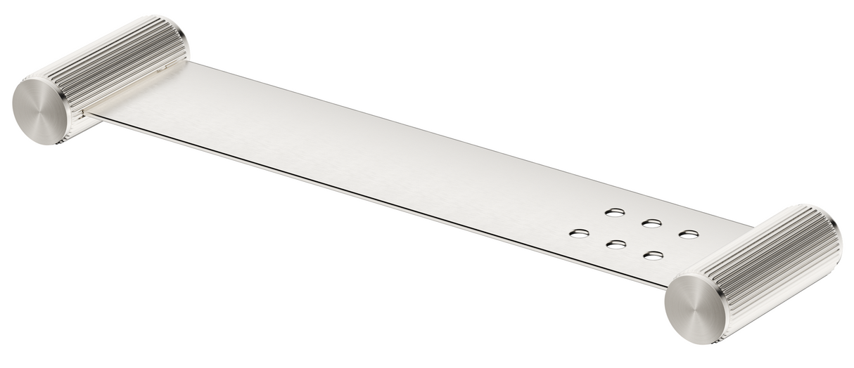Mica Fluted Stainless Shelf 400mm in brushed nickel with fluted wall mounts and drainage holes. 