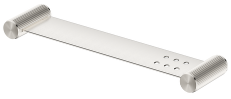 Mica Fluted Stainless Shelf 400mm in brushed nickel with fluted wall mounts and drainage holes. 