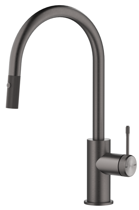 Mica Fluted pull-out sink mixer with a curved spout and fluted detailing in gunmetal on a white background.