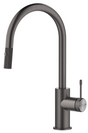 Mica Fluted pull-out sink mixer with a curved spout and fluted detailing in gunmetal on a white background.