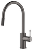 Mica Fluted pull-out sink mixer with a curved spout and fluted detailing in gunmetal on a white background.