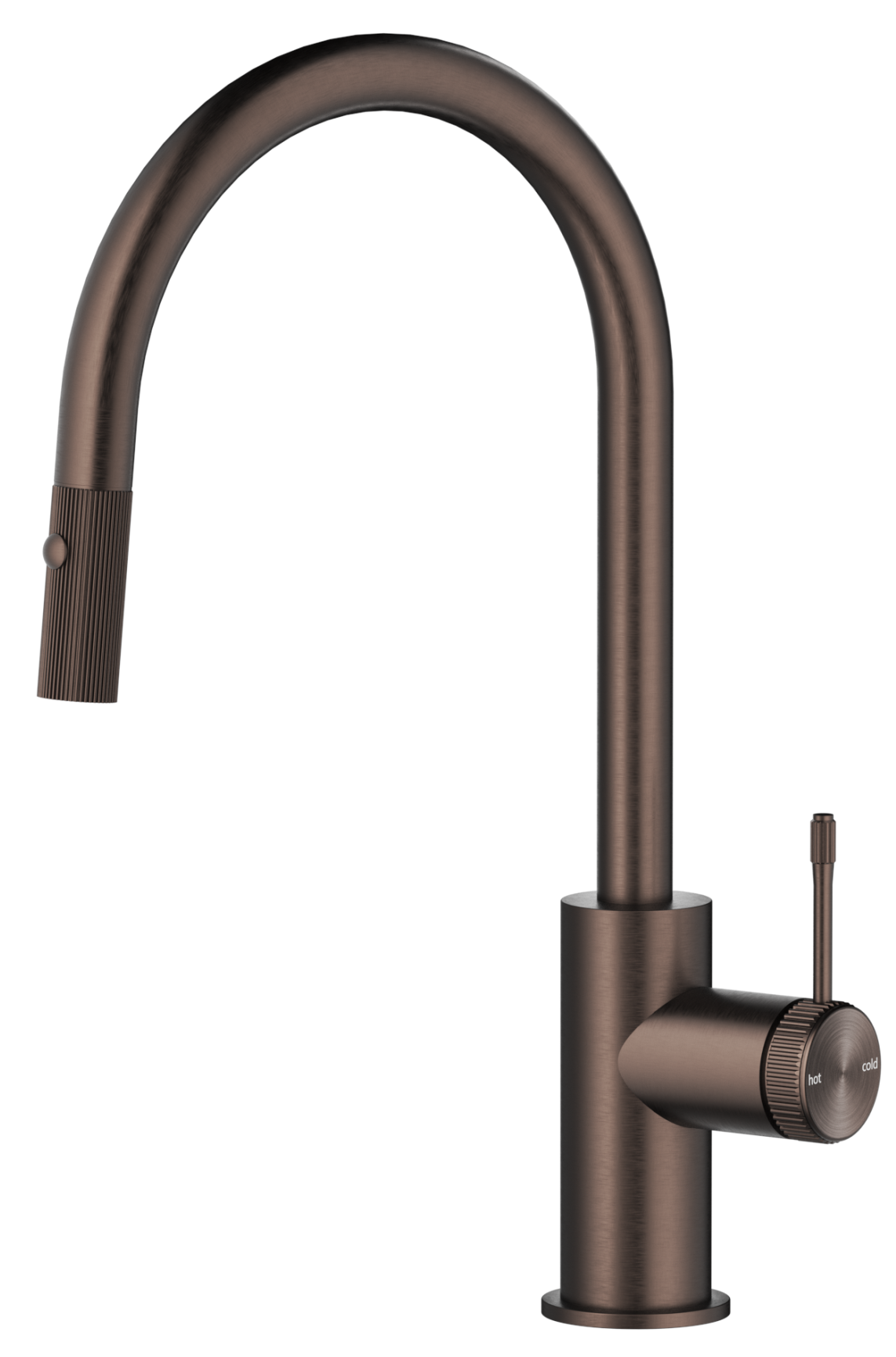 Mica Fluted pull-out sink mixer with a curved spout and fluted detailing in Dusk bronze on a white background.