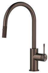 Mica Fluted pull-out sink mixer with a curved spout and fluted detailing in Dusk bronze on a white background.