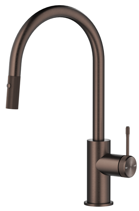 Mica Fluted pull-out sink mixer with a curved spout and fluted detailing in Dusk bronze on a white background.