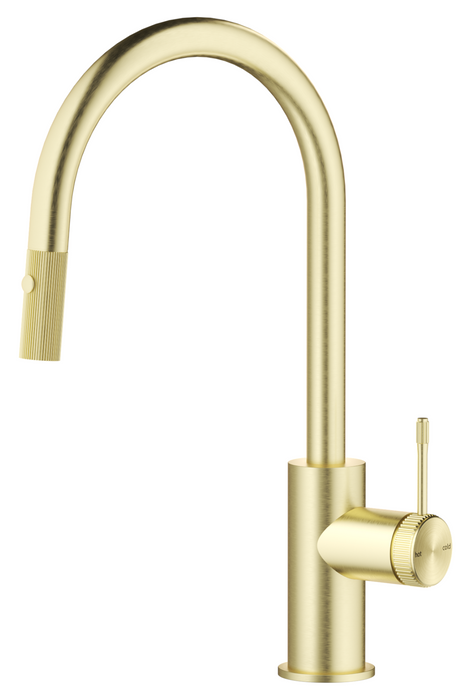 Mica Fluted pull-out sink mixer with a curved spout and fluted detailing in French gold on a white background.