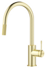 Mica Fluted pull-out sink mixer with a curved spout and fluted detailing in French gold on a white background.