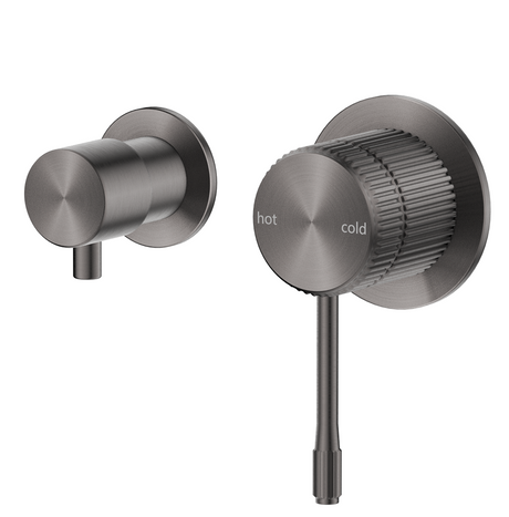 Mica Fluted Shower Mixer Diverter Sideways in gunmetal, shown from two angles on a white background. 