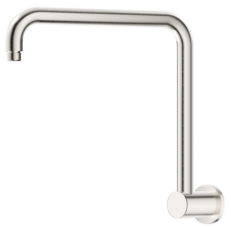 Mica Gooseneck Shower Arm in brushed nickel with a curved high-rise wall-mounted design. 