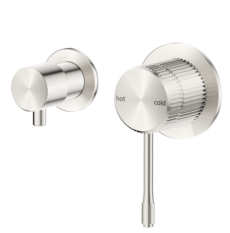 Mica Fluted Shower Mixer Diverter Sideways in brushed nickel, shown from two angles on a white background. 