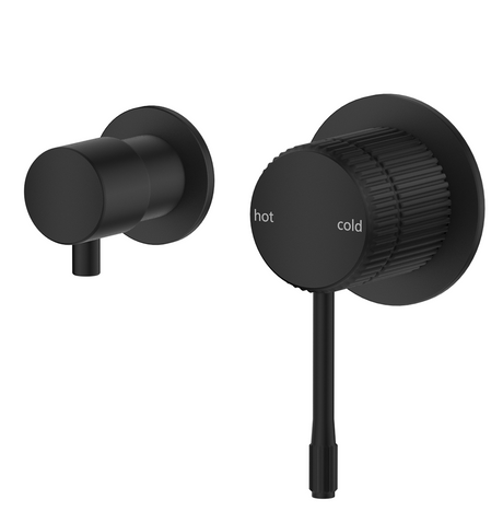 Mica Fluted Shower Mixer Diverter Sideways in black, shown from two angles on a white background. 